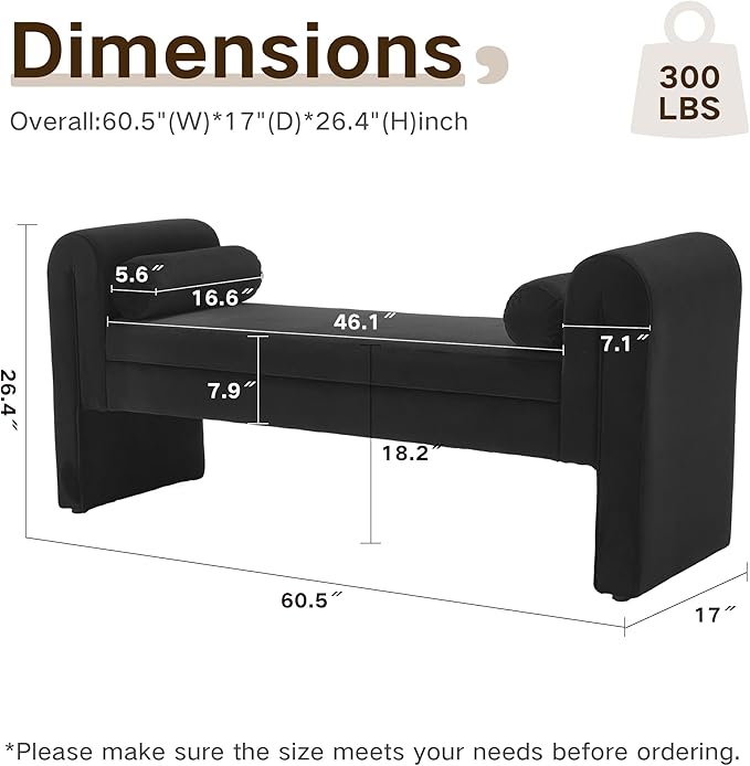 60.5" Velvet Storage Bench,Vintage Upholstered Rolled Armed Button Tufted Stool Bench for Bedroom, Living Room, Entryway, Hallway, Dressing Room (Black-)