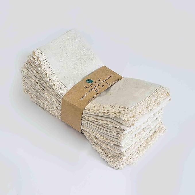 FINGERCRAFT Dinner Cloth Napkin Cotton Linen 4 Pack Vintage Rustic Premium Quality Mitered Corners Napkin Cloth with Elegant Lace for Everyday Use, Pre Shrunk and Good Absorbency 20x20 in Ivory