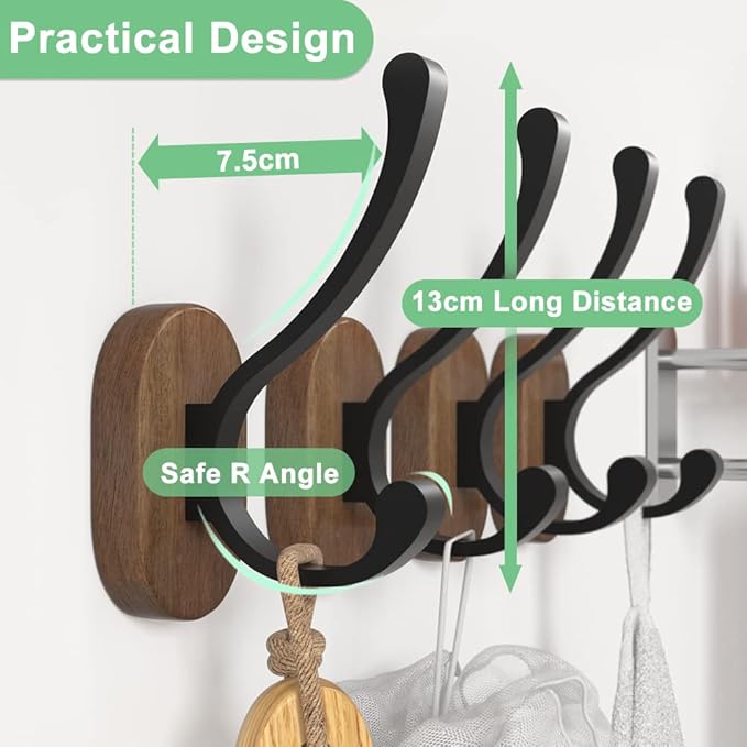 Wall Hooks for Hanging Coats - 4 Pack Coat Hooks Wall Mounted, Wood Coat Hooks for Wall, Bussdis Single Metal Hooks for Hanging Hats, Keys, Towel, Robe, Purse, Jackets, Decorative Livingroom, Bathroom