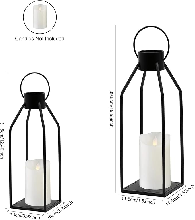 Black Metal Candle Lanterns Living Room Decor, 2 Pack Black Metal Lanterns Holder, Modern Farmhouse Decor, Indoor/Outdoor Hanging or Tabletop Decorative Lanterns for Weddings, Garden, Patio