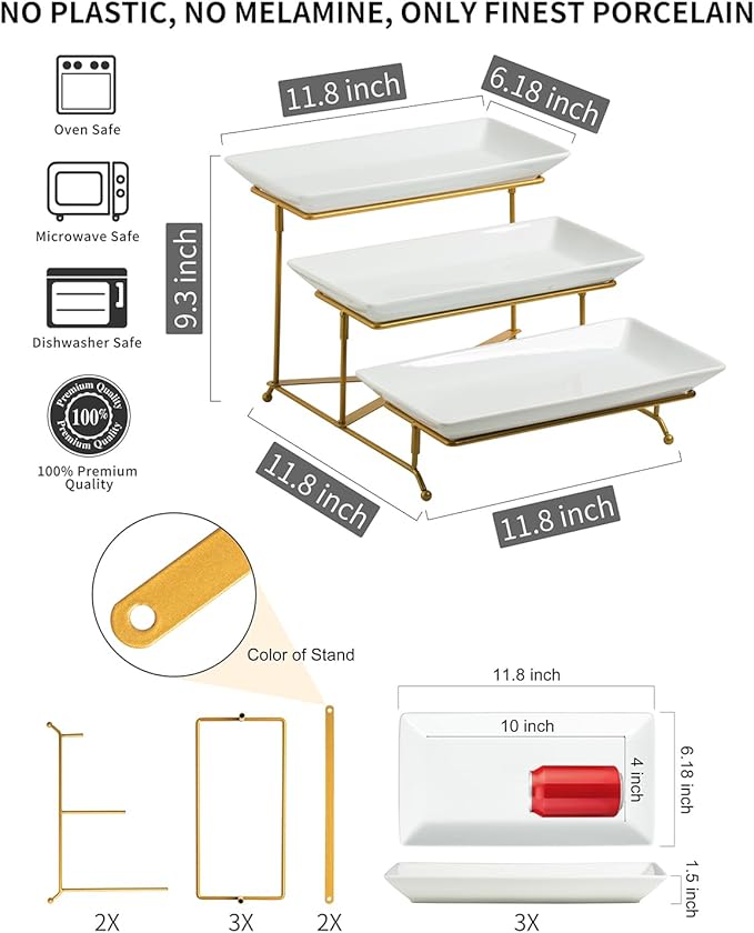 LAUCHUH 3 Tier Serving Tray, Porcelain Serving Platter Tier Serving Stand with Collapsible Sturdier Rack, Serving Trays and Platters Dessert Party Display Set for Mother's Day, Gold, 12 Inch