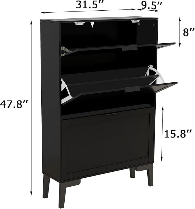 TaoHFE Modern Shoe Cabinet for Entryway - Black Wooden Hidden Shoe Cabinet - Narrow Free Standing 3 Tier Rack