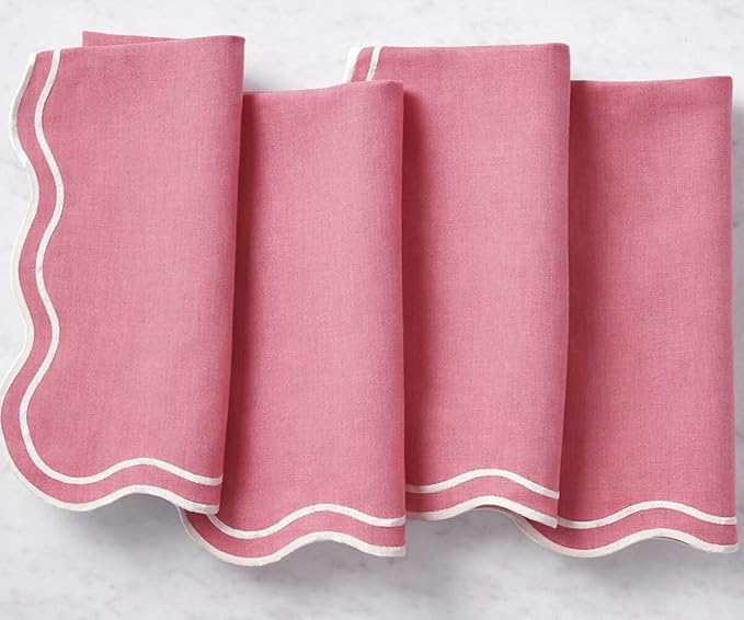 Pink Cloth Dinner Napkins Set of 4 – 100% Cotton 18x18 Scallop Embroidered Washable Napkins with White Trim – Elegant Pink Table Linens for Wedding, Baby Shower, Holiday & Everyday Dining Table Décor