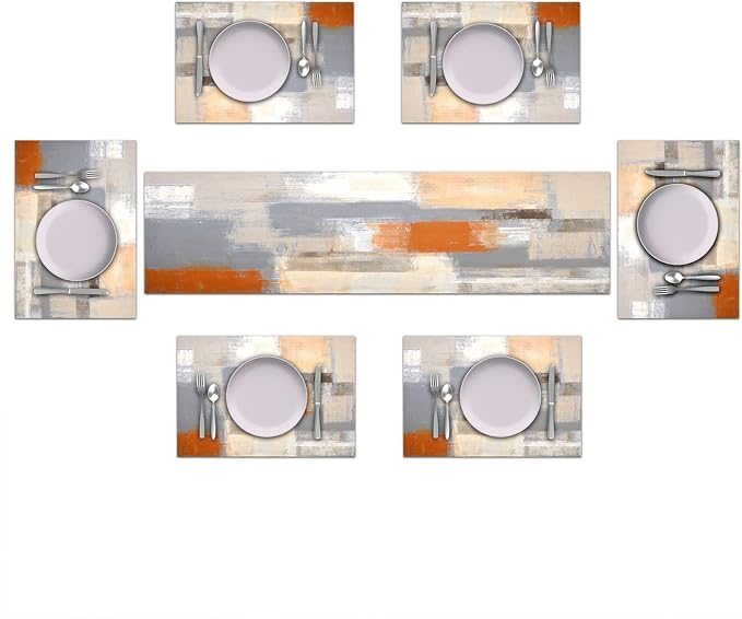 Orange and Grey Table Runner and Place Mats Set of 6 Abstract Modern Table Runners and Placemats Burnt Orange Dining Mat Sets Washable Vintage Tabletop Home Decorations 70 Inches Long