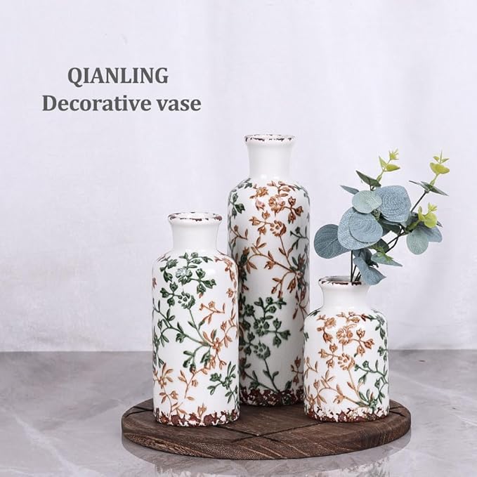 Green Ceramic Vase Set of 3 - Modern Rustic Farmhouse Decorative Vases for Dining Table, Shelf, Bedroom, Living Room, Kitchen, Office, Bathroom, Mantle, Centerpiece Décor