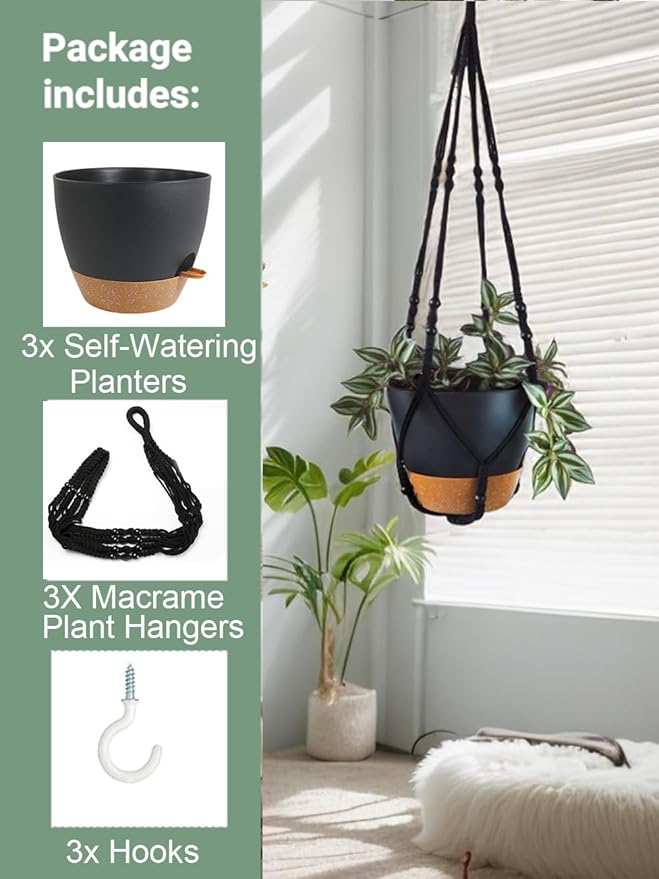 Bouqlife 3 Pack Self Watering Hanging Planters Macrame Plant Hangers with Indoor Flower Pots 10" / 8" / 7", 3 Different Size Hanging Basket, Plant Hanger with Hooks for Garden Home Decor Black Large