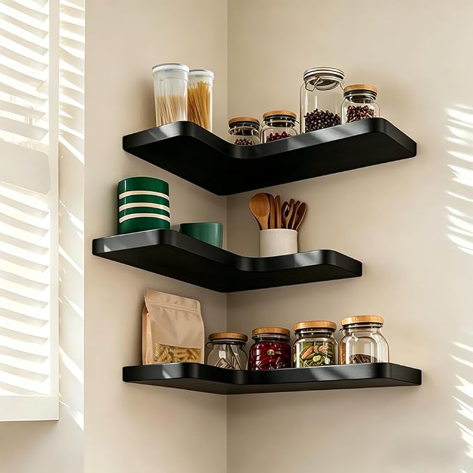 Floating Corner Shelves, Wall Shelf Set of 3, Shelves for Wall Storage, Solid Wood Shelves for Storage, Wall Mount Wooden Display Shelf for Bathroom Bedroom Kitchen Garage (Black 3 Pcs)