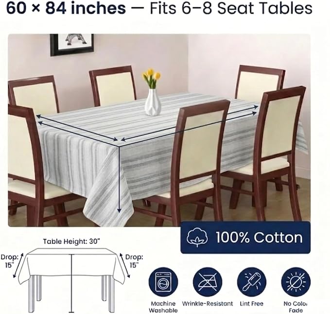 Urban Villa Tablecloth Curtis Stripes Table Cloth Tabletop Cover Kitchen Dining Tablecloth 100% Cotton Great Parties Wedding Holiday Rectangle 60X84 Inches 6-8 Seats Table Cloth - Ivory Stripes