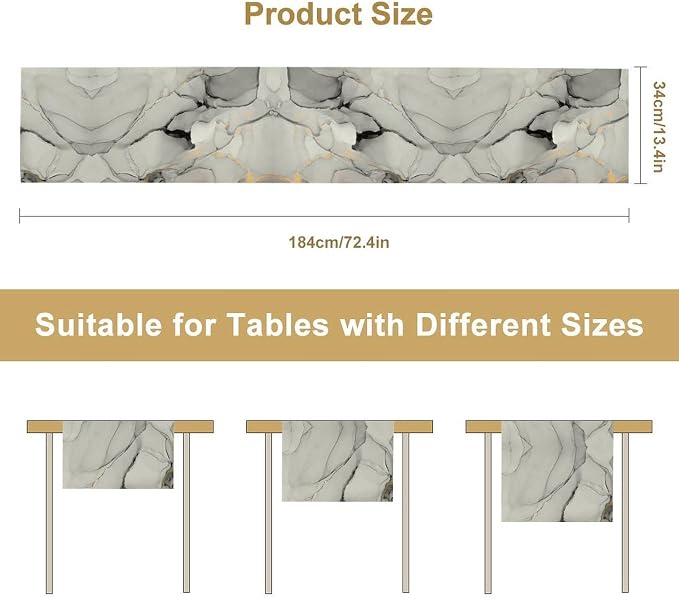 Marble Table Runner, Grey White Cloud Textured Ink Painting Art Table Decoration for Kitchen Dining Party Wedding Home Decor, 13x60 Inch