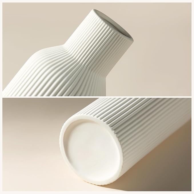 White Ceramic Vases Set of 3, Modern Matte Round 3D Vertical Ribbed, Nordic Minimalist for Pampas, Dried & Fresh Flowers, Centerpiece for Living Room, Shelf, Entryway, Wedding,Office