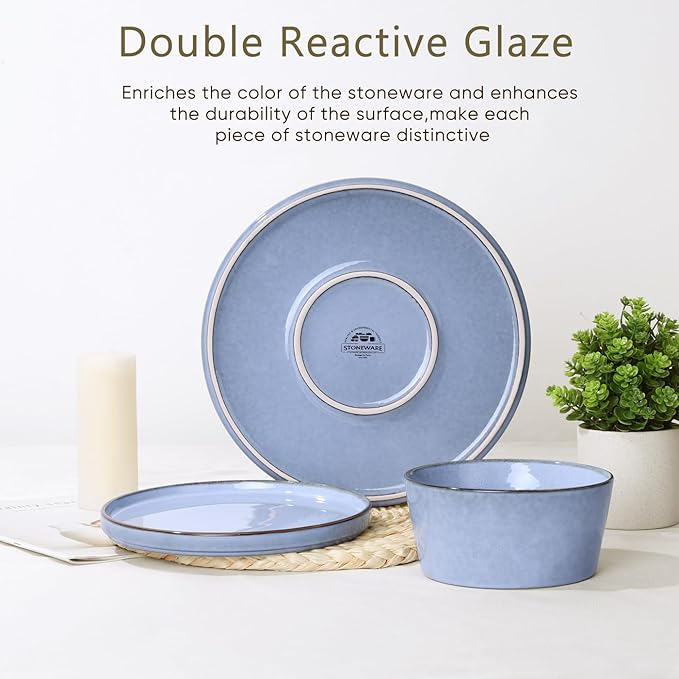 Herogo 18 Pieces Dinnerware Set for 6, Stoneware Dinner Plates and Bowls Sets, Reactive Glaze Dishes for Kitchen, Crack Resistant, Microwave & Dishwasher Safe, Haze Blue