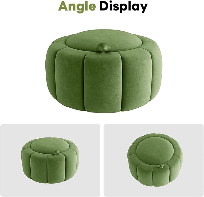 Tbfit Round Storage Ottoman - No Assembly Required, Storage & Sturdy Structure Multi-Functional Seat/Footrest for Living Room, Bedroom & Kids Room Soft Fabric for Family Home Use (Green)