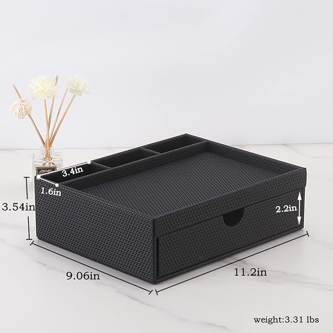 Leather Desk Organizer With Drawers, Home Cosmetics Organizer, Phone Remote Organizer, Drawer Plus Divider & Tray (black)