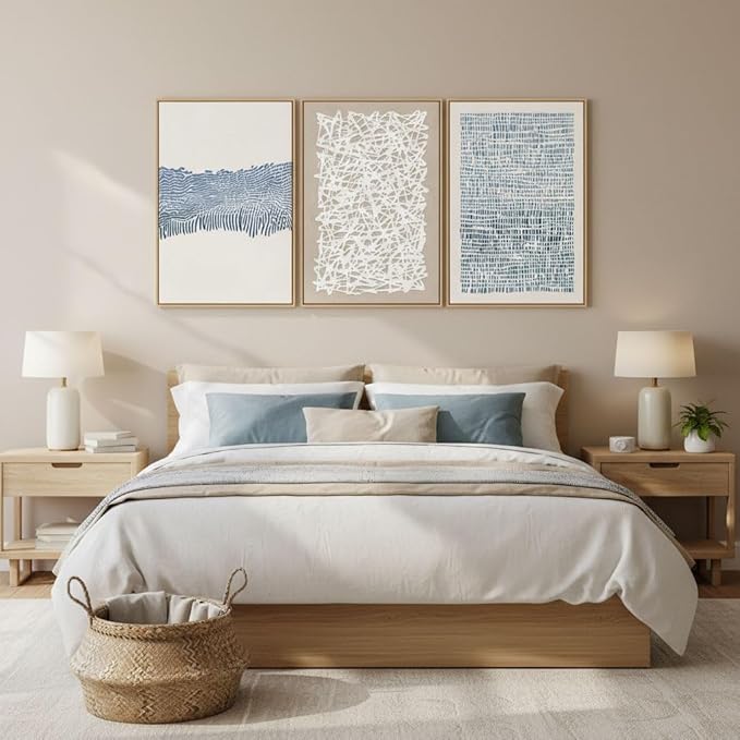 SAFERRYHOME Mid Century Neutral Blue Contrast Boho Wall Art - Modern Framed Canvas Prints Large Abstract Zen Lines Geometric Pattern Decor for Living Room, Home Office, Dining Room - 3 Pieces 24x36 Inch