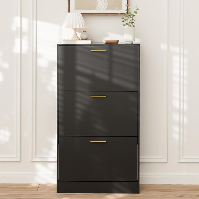 LYNSOM Shoe Cabinet, Free Standing Tipping Bucket Shoe Rack Organizer with 3 Flip Drawers, Modern Entryway Shoe Storage with Top Display, Narrow Slim Hidden Shoe Cabinet (Black)