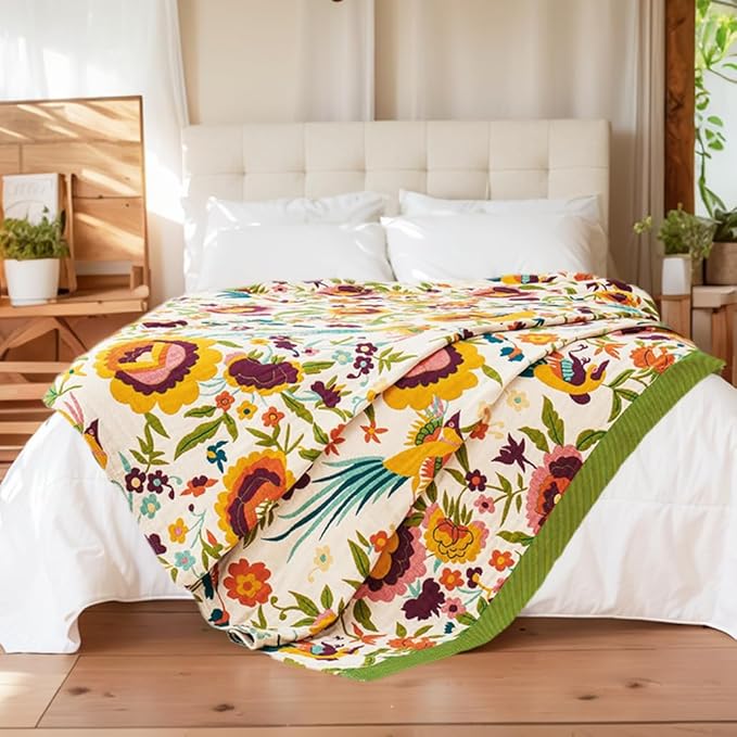 VANJOROY Boho Throw Blanket, 100% Organic Cotton Breathable Ultra Soft 80" x 90" Bed Quilt Throw - All Season Floral Rustic Farmhouse Decor Luxury Reversible Blanket for Sofa Couch Chair and Gift
