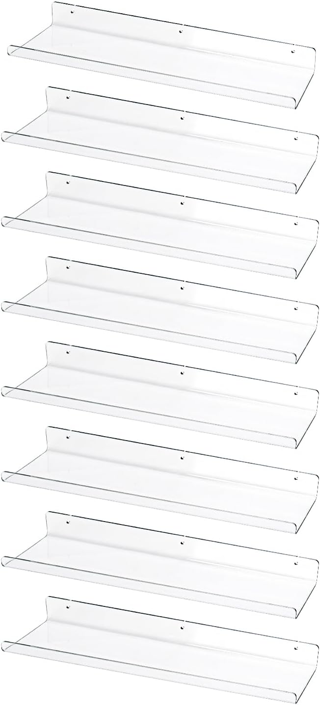 RLAVBL 8 Pack Acrylic Shelves, 15" Floating Wall Shelves for Bedroom, Living Room, Bathroom, Kitchen Storage