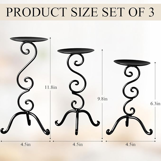 Set of 3 Black Iron Candlestick Holder Metal Vintage Candle Holder 11.8, 9.8, 6.3 Inch Tall Decorative Wrought Iron Pillar Candle Sconce Home Decor Wedding Dinning Party Anniversary(Antique)