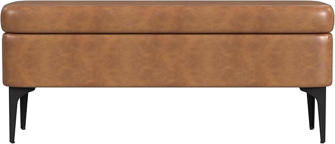 HomePop Upholstered Storage Bench with Metal Leg, 42" W, Carmel Faux Leather