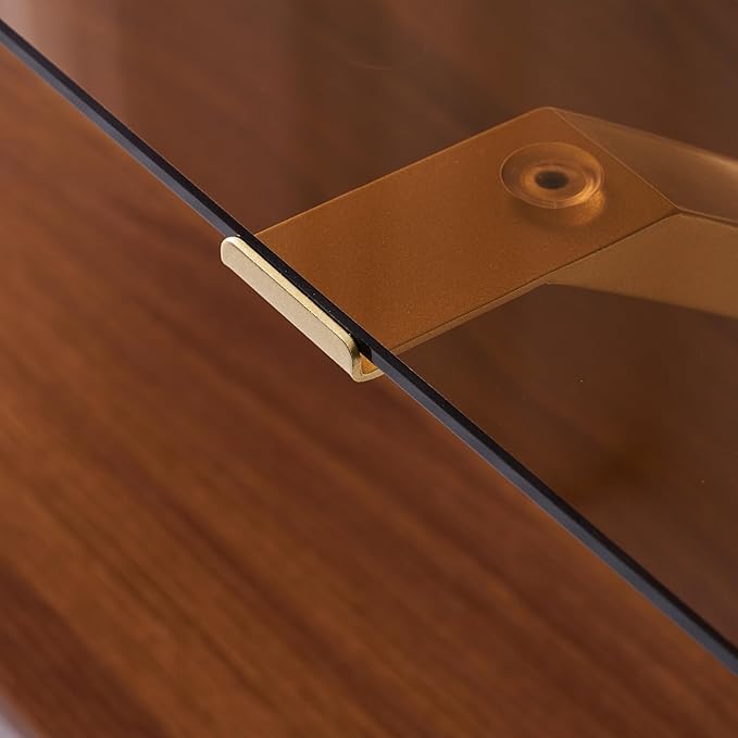 LumFurn Coffee Table for Living Room and Bedroom, 2-Tier Mid-Century Modern Table with Amber Tempered Glass Top and Walnut Finish Wood Shelf, Strong Metal Legs with Gold Finish