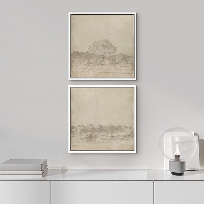 SIGNFORD Framed Canvas Print Wall Art Set Vintage Sepia Forest Landscape Neutral Toned Tree Scene Illustrations Modern Art Minimal Relax/Calm for Living Room, Bedroom, Office - 24"x24"x2 White
