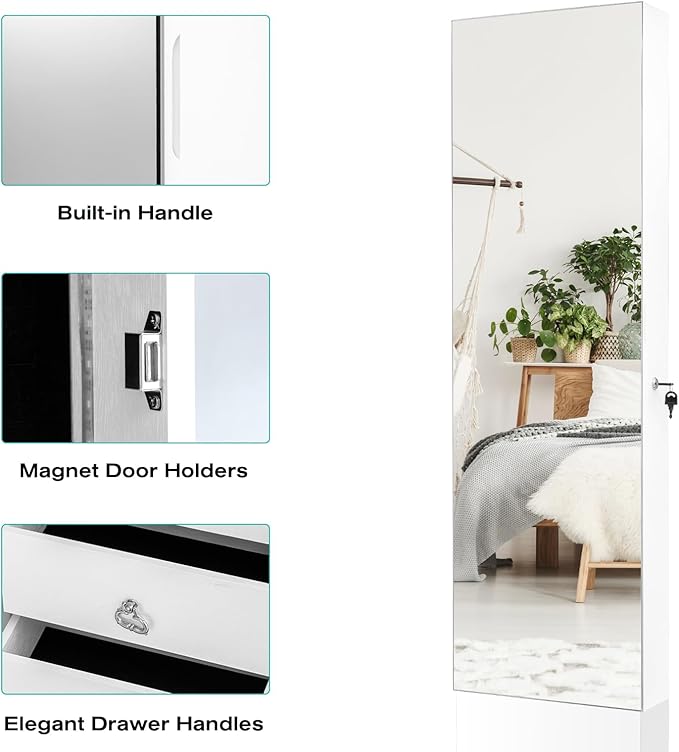 Multigot 2-In-1 Jewelry Cabinet, Wall-mounted/Door Hanging Makeup Storage Armoire with Full Length Mirror & LED Lights, Lockable Mirrored Jewelry Organizer for Bedroom Dressing Room (White)