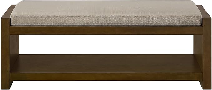 Accent Bench with Lower Shelf Shoe Rack, Padded Seating Bench for Living Room, Modern Compact Bed End Bench with Storage for Bedroom Seating, Removable Cushion (Linen, 47" L)