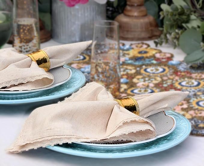 COTTON CRAFT Flax Linen Cloth Napkins with Lace - Set of 12 Lunch Dinner Napkins - Elegant Everyday Fall Harvest Thanksgiving Holiday Table Napkin - Washable Reusable Napkin - Oversized 20x20- Natural