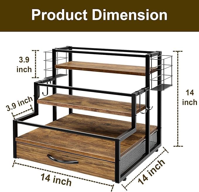 Countertop Coffee Syrup Rack Organizer, 4-Tier Wooden Holder Stand with 36 K Cup Storage Drawer for Coffee Bar Accessories,Condiment Storage Shelves for Kitchen,Home,Office,Restaurant