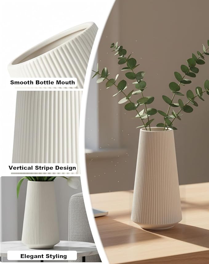 White Modern Vase, 8 Inch Ceramic Small Ribbed Textured Flower Vase for Pampas Grass & Dried Flowers - Minimalist Home Decor, Watertight, Non-Slip Base