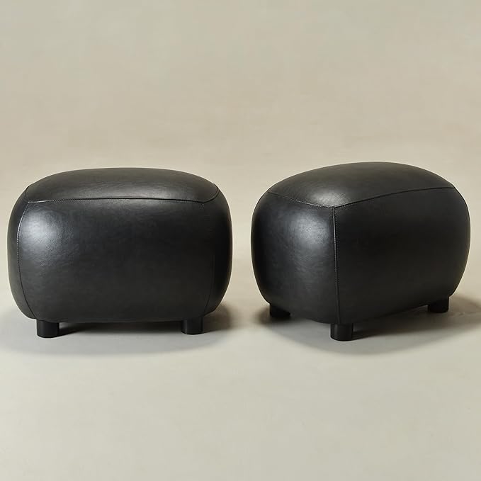 KINWELL 23" Wide Faux Leather Upholstered Ottoman Set of 2, Mid-Century Modern Living Room Footrest with Soft Padded Seat, Footstool for Bedroom, Entryway or Living Room, Black