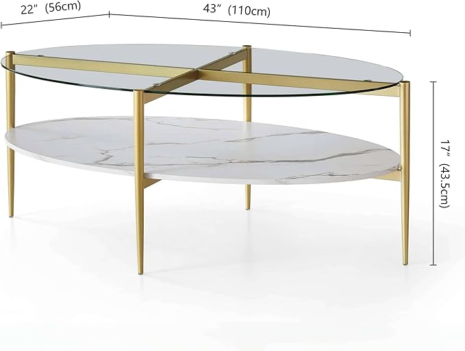 LumFurn Oval Glass Coffee Table, Mid-Century Modern Design, L43 x W22 x H17 inch, Surfboard Shaped Clear Glass Top and White Marble Finish Wood Shelf, Tapered Legs with Gold Finish Frame