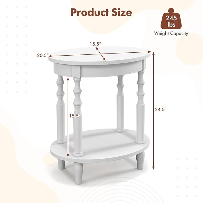 Giantex Oval End Table, 2-Tier Side Table with Storage Shelf & Solid Wood Legs, Modern Living Room Accent Table, Wood Nightstand for Bedroom, Small Space, 20.5" L x 15.5" D x 24.5" H, White