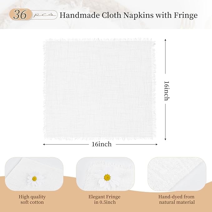 36 Pack White Cloth Napkins Cotton Linen Napkins 16 x 16 Inch White Napkins Cloth Handmade with Fringe Soft Napkins Cloth Washable Rustic Dinner Napkins Cloth for Wedding Party Dinner Table