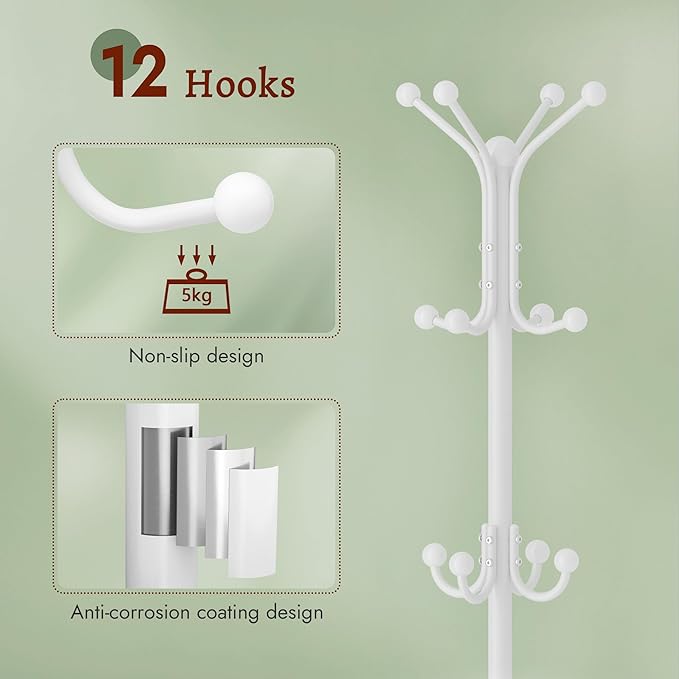 FAVOOSTY Coat Rack Freestanding,Coat Rack Stand with Umbrella Holder,Metal Coat Tree with 12 Hooks,Tree Clothes Hat for Entryway, Hallway, Bedroom, Living Room & Office -White