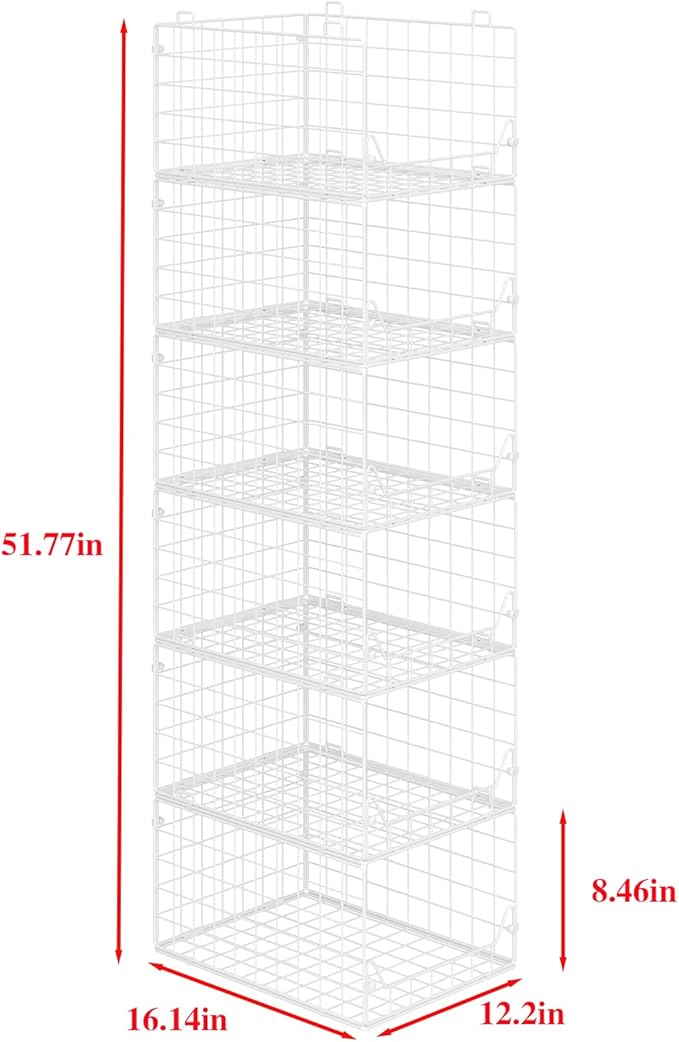 Jakyitvi 6-Tier Closet Shelf Organizer,Metal Stackable Closet Organizers and Storage,Clothes Storage Bins,Shelf Organizer Basket,Folded Shelf Organizer for Closet Wardrobe,White