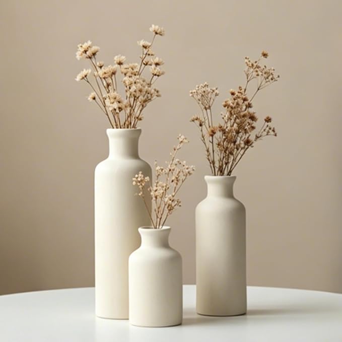 Modern Ceramic Vase Set of 3, Beige Colors, Decorative Bottles for Home, Farmhouse Rustic Decor, Housewarming Gifts, Wedding Gifts, Bridal Shower Gifts, Birthday Gifts for Women (Beige)
