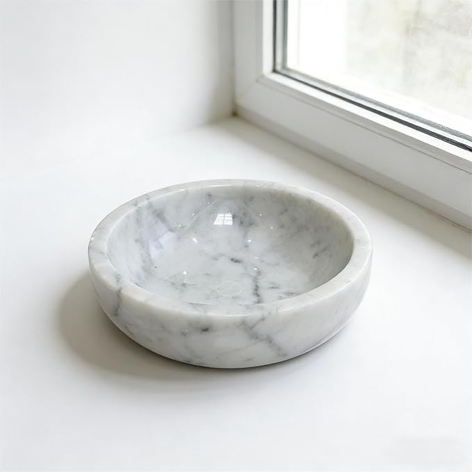 Small Decorative White Marble Bowl, 5.9 inches,Natural Stone Round Bowl for Home Decor, Fruit, Nuts, Jewelry tray,Coffee Tables Centerpiece, Soap Serving (White-small)
