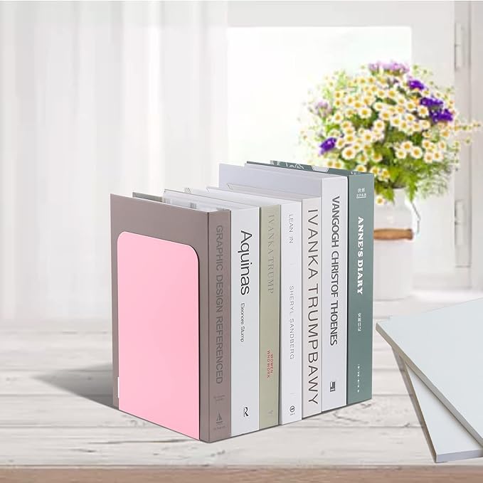MSDADA Bookends, Book Ends for Book Shelves, Book Ends for Heavy Books,Metal Bookend Supports, Modern Minimalist Style Bookend, Pink(4Pairs)