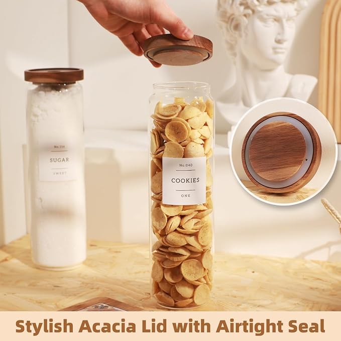 3 Pack Glass Canisters with Airtight Acacia Lids and 132 Kitchen Pantey Labels Preprint - 51 Fl Oz Borosilicate Glass Pantry Storage Jars Containers with Wooden Lids for Pasta,Spaghetti,Cereal,Noodles