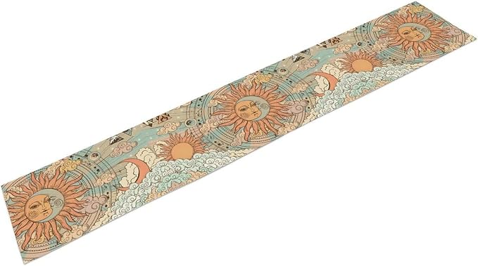 Bohemian Moon Sun Table Runner, Retro Boho Funny Sun Moon Clouds Design Table Runner for Kitchen Dining Party Decor, 13x60 Inch