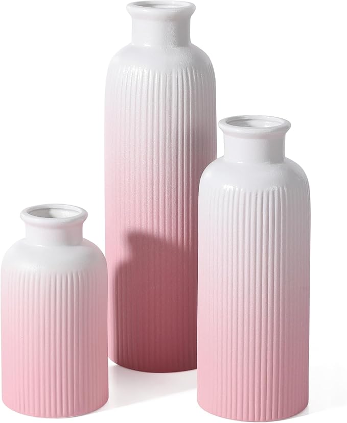 Small Gradient Pink Ceramic Vase Set of 3, Boho Modern Flower Vase Room Decor, Farmhouse Decor, Vases for Your Kitchen, Bathroom, Bedroom, Living Room, Office&Shelf Centerpiece Table Decorations