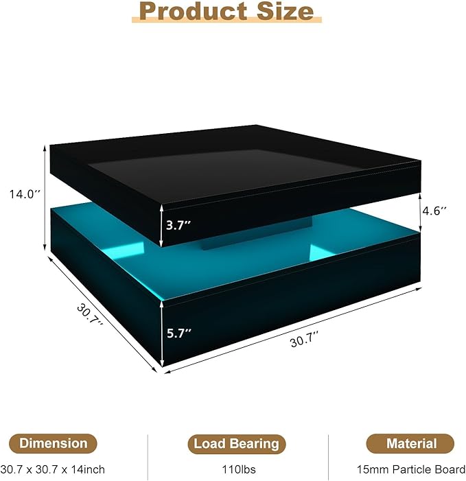 HedoAjim Black LED Coffee Table for Living Room, Living Room Table 2-Tier Square Center Tables, Wood Coffee Tables with Storage, Tea Table for Dining Reception Room