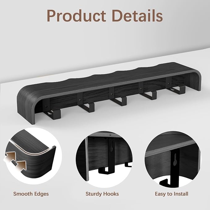 Coat Rack Wall Mount with Hidden Hooks, Wall Hooks with Shelf, Wall Key Holder Mount Wooden Shelf Entryway Hooks for Bedroom Bathroom for Hanging Coats Hats Bags Towels (Black Wave-Shape, 5 Hooks)