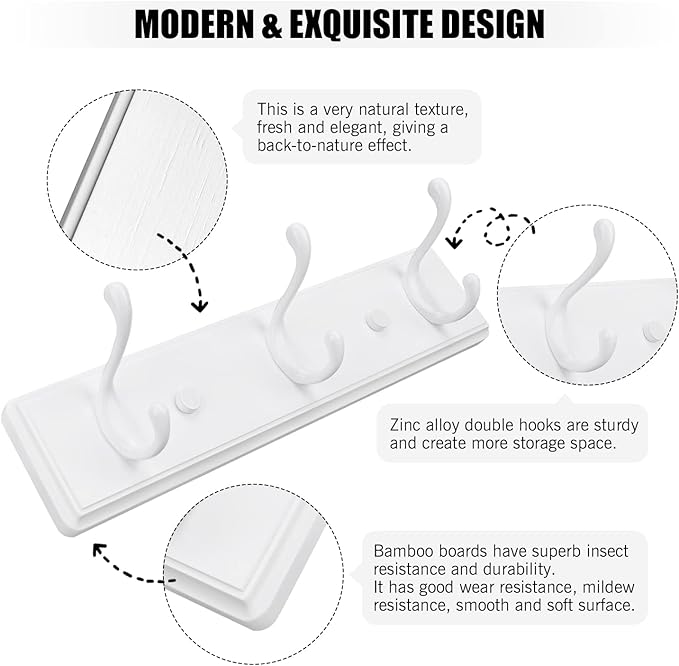 Badiano Wooden Coat Rack, Wall-Mounted Organizer for Closet, Entryway, Hallway, Foyer, Bedroom, Heavy Duty Double Hooks for Hanging Towels, Bags, Hats, Jackets, Key (White, 3 Hooks)
