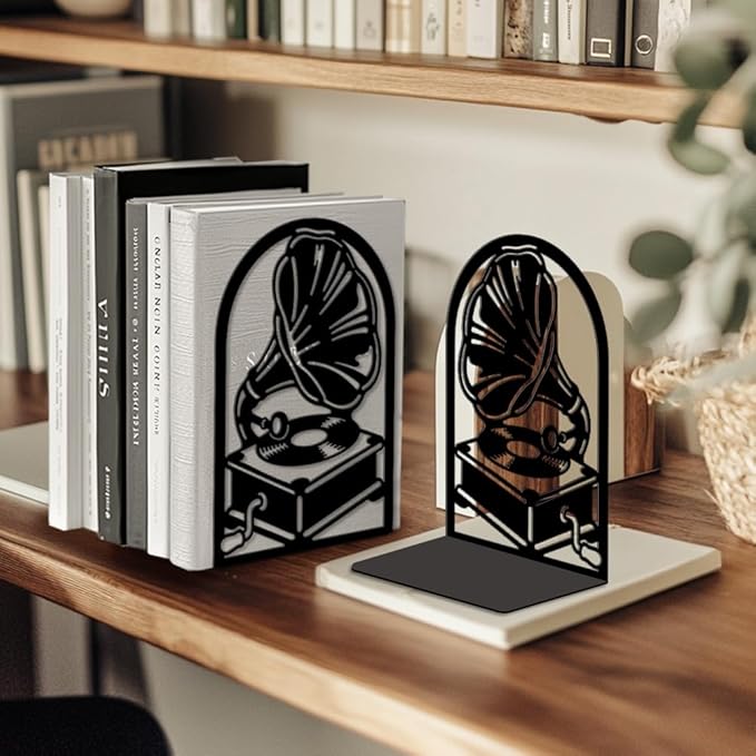 Peacoblue Metal Bookends for Shelves, Modern Decorative Heavy Duty Study Book Ends Stoppers for Office, Desk, Shelf, Room 5.3"x4.3"x7.9" Cast Iron Simple Tall Bookends 1 Pair (Phonograph)