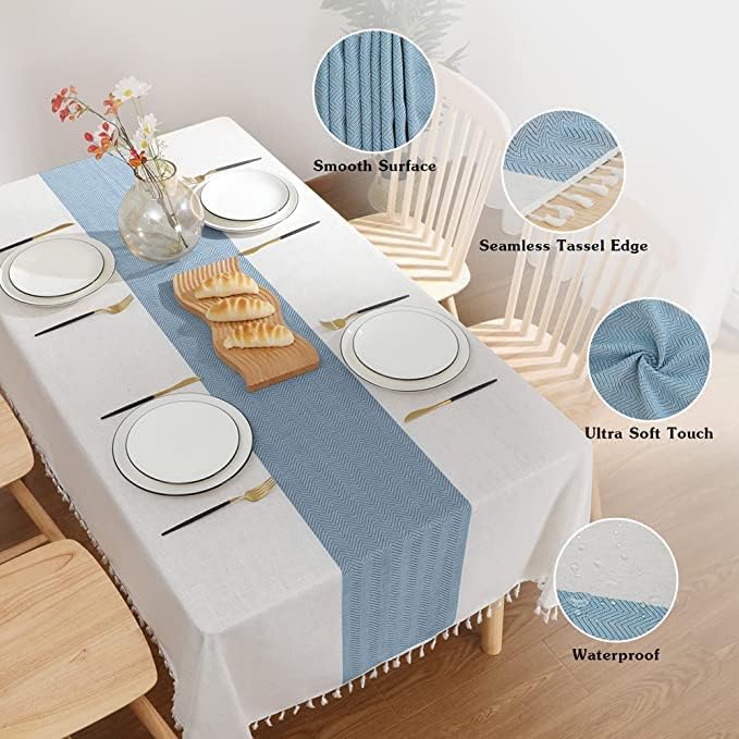 JIALE Tablecloths for Rectangle Tables,Cotton Linen Table Cloth Waterproof Tablecloth Wrinkle Free Farmhouse Dining Tables Cover,Soft Fabric Table Cloths with Tassels, Blue, 55" X 86",6-8 Seats