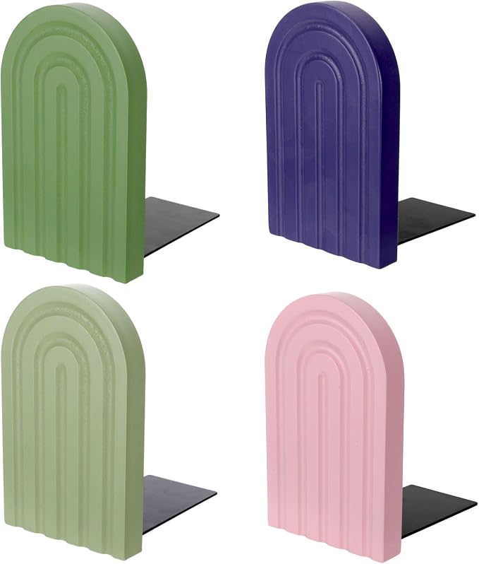 4 Pcs Boho Arch Wood Bookends Sage Green Rainbow Wooden Book Stands with Non-Slip Metal Base, Bookends for Shelves Heavy Books Back to School Home Office Study Desk Organizer