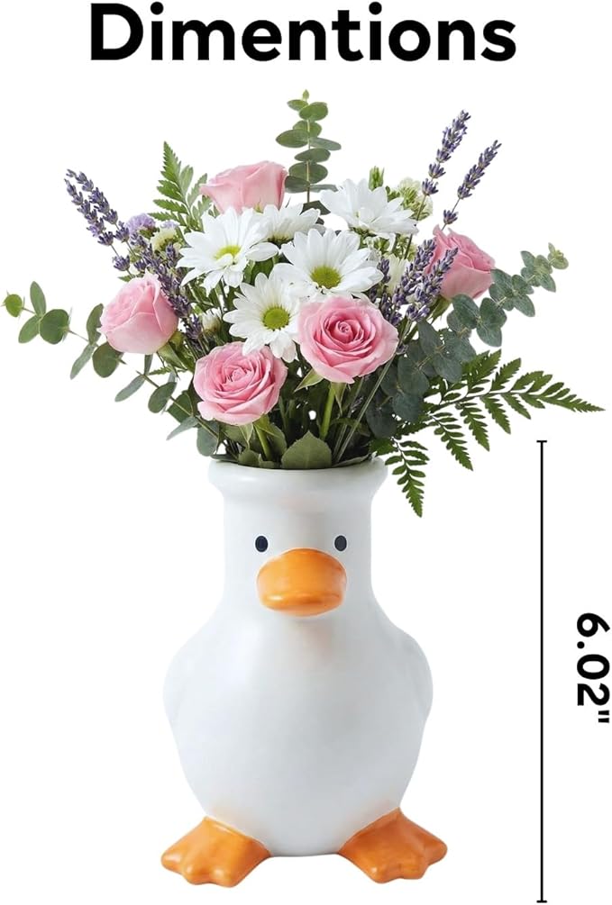 Ceramic Duck Vase – 6" Matte Beige Handmade Animal Flower Vase for Fresh & Dried Flowers, Cute Home Decor, Unique Shelf Decoration, Fun Gift for Animal Lovers & Creative Living Spaces