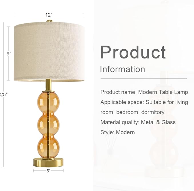 Oneach 25" Amber Glass Table Lamps for Living Room, Glass Modern Table Lamp Set of 2, USB Charging Ports, Linen Shade, Bedside Lamps for Bedroom, Nightstand, Side Table (Bulbs not Included)